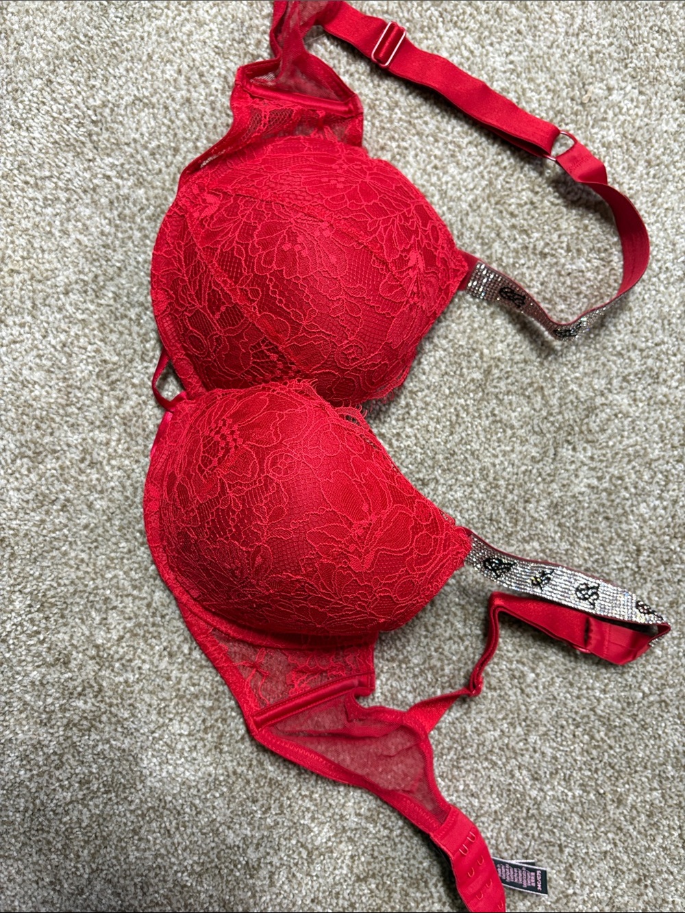 Victoria's Secret Red Lace Push-Up Bra with Embellished Band